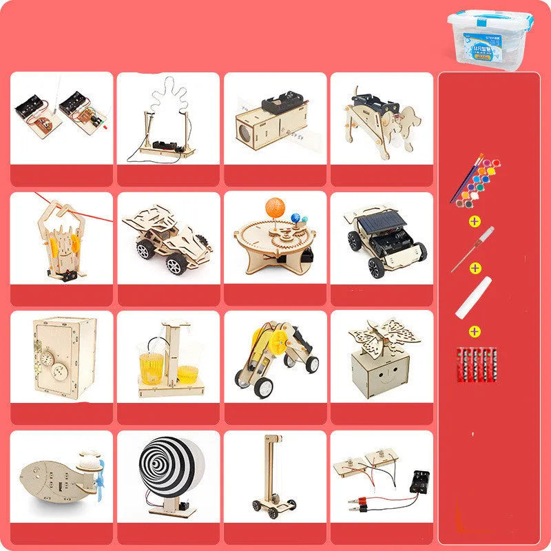 Physical science and technology small production kit with 16 wooden pieces, paint, screwdriver, glue and batteries for kids aged 7-14