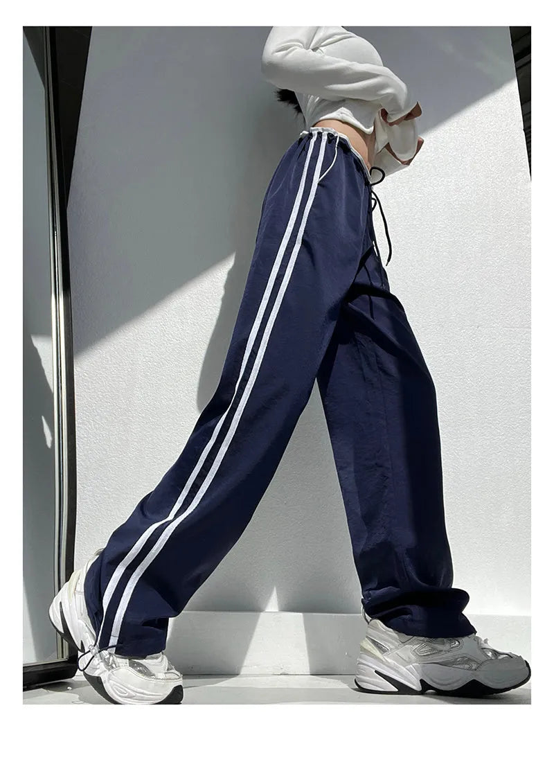 Women's loose straight-leg trousers with ribbon parallel bars contrast colour design in navy blue