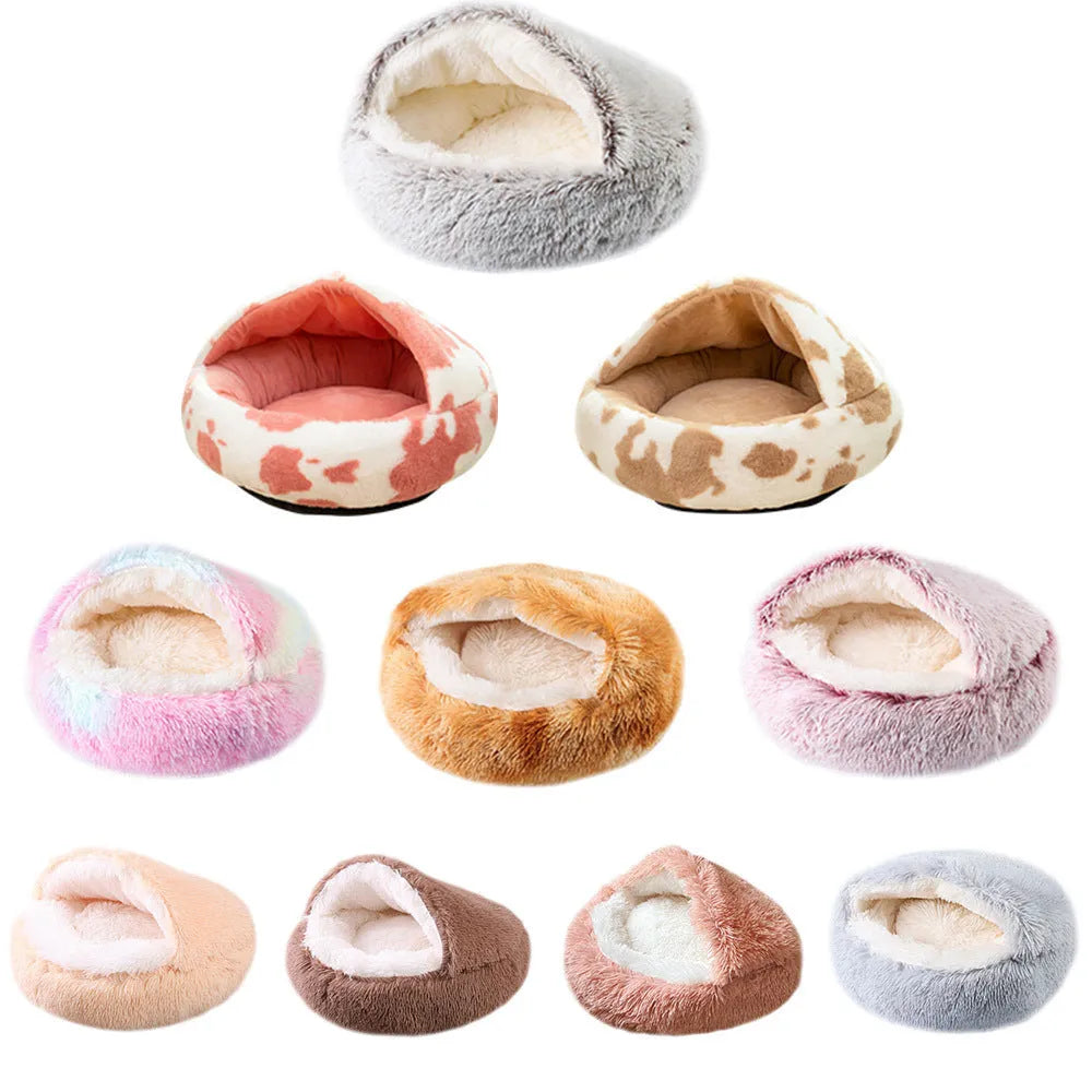 Waterproof cloth dog kennel with semi-surrounded walls and a removable cushion in a champagne colour.