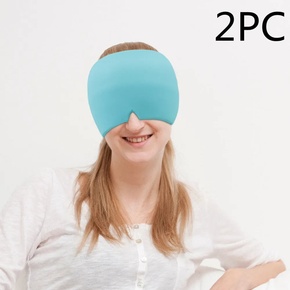 Black elastic cloth gel ice headache relief eye mask showing adjustable headband and cooling gel construction