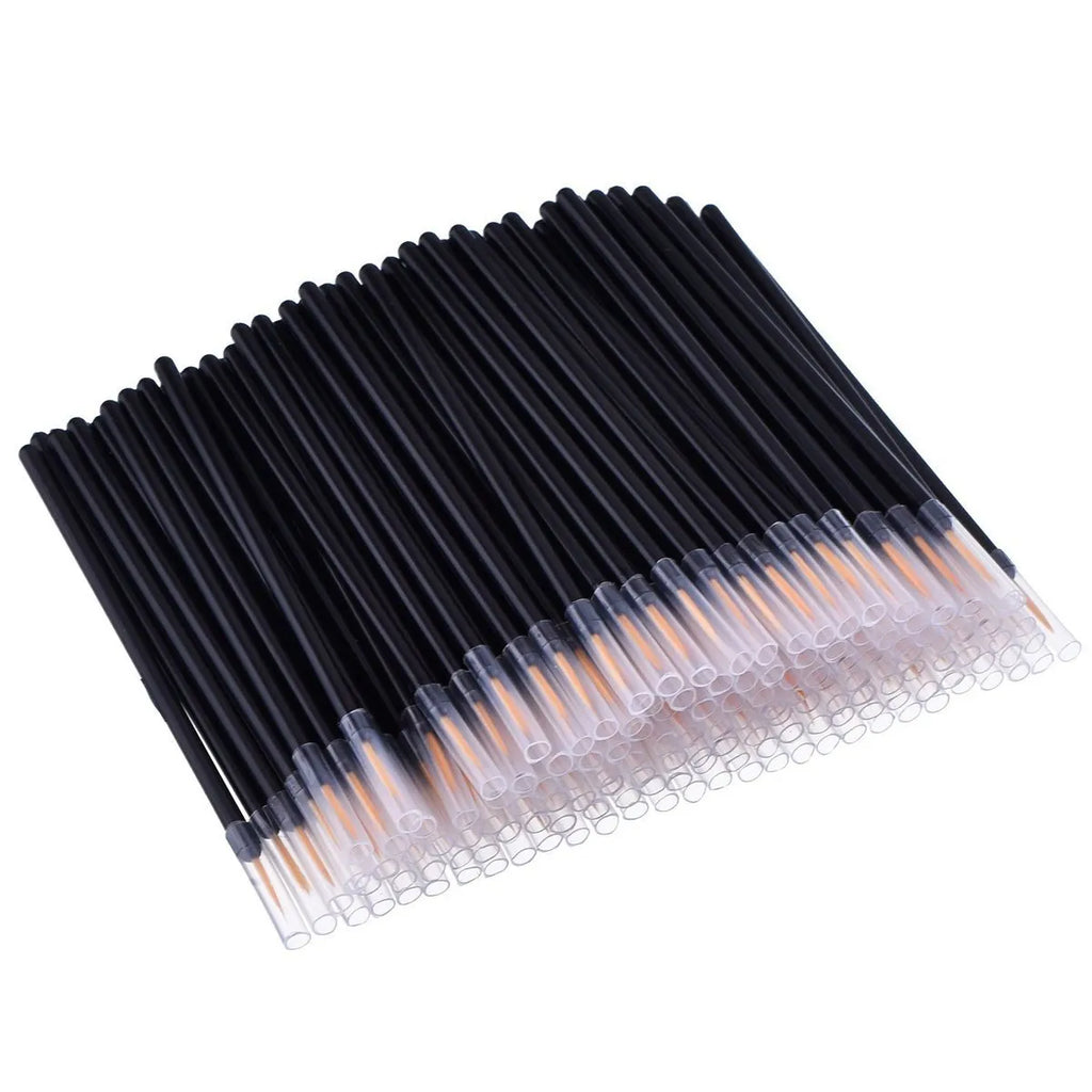 One hundred black disposable eyeliner brushes with fine points, each in a clear plastic sleeve.