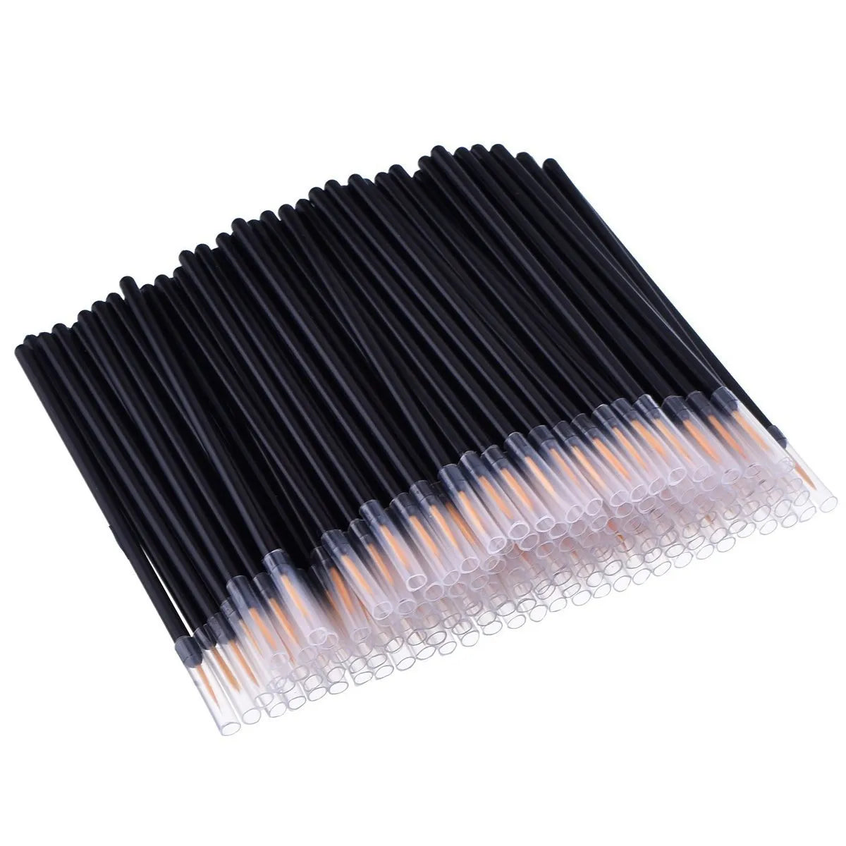 One hundred black disposable eyeliner brushes with fine points, each in a clear plastic sleeve.