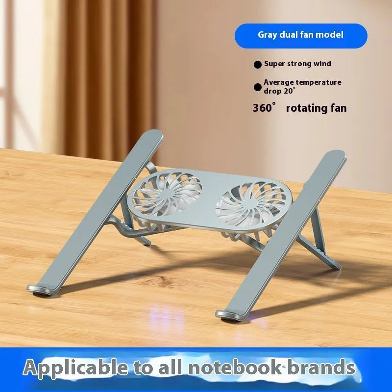 Silver aluminium laptop stand with twin cooling fans in folded position beside cloth storage bag