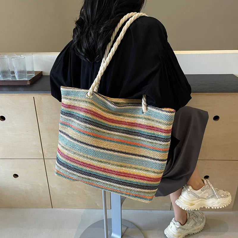Blue straw woven single shoulder bag with large capacity and polyester lining