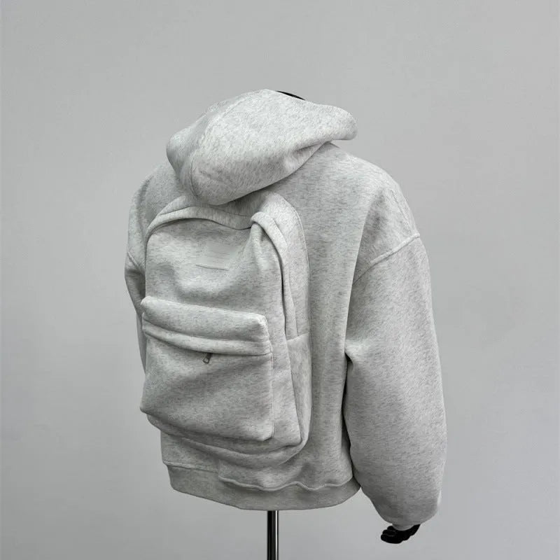 Men's hooded coat with back schoolbag design in light gray or black, polyester cotton blend, Asian sizes M to 4XL