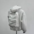 Men's hooded coat with back schoolbag design in light gray or black, polyester cotton blend, Asian sizes M to 4XL