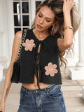 Ladies' lace-up bow vest cardigan in deer plush polyester with apricot flower pattern