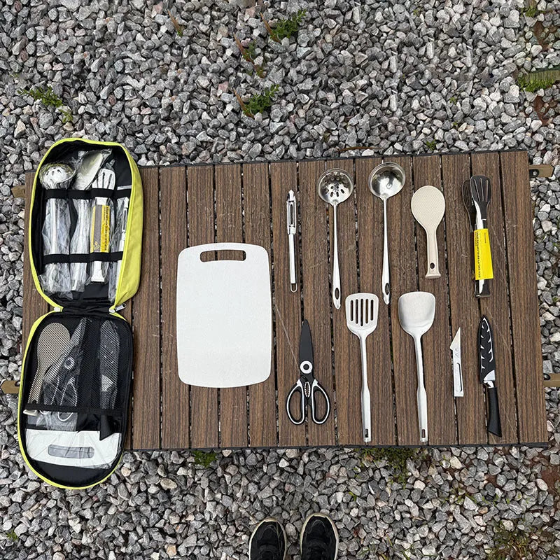 12-piece stainless steel picnic kitchenware set with knives, forks, spoons in portable storage bag