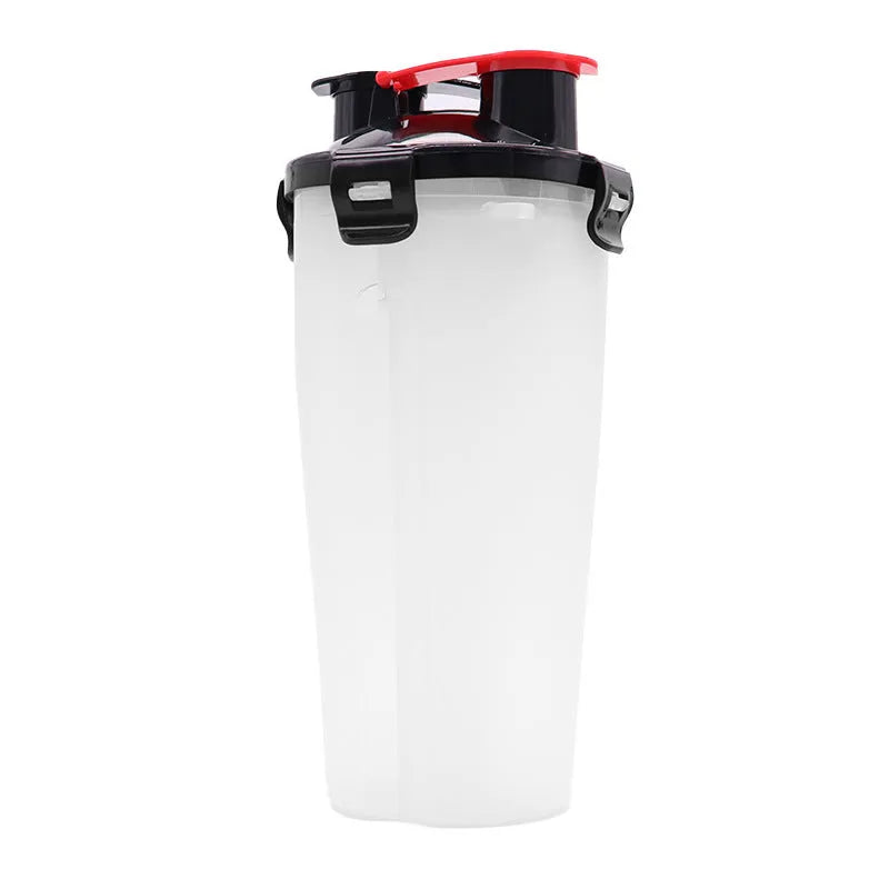 Portable pet water and food cup with two compartments showing water and food storage sections