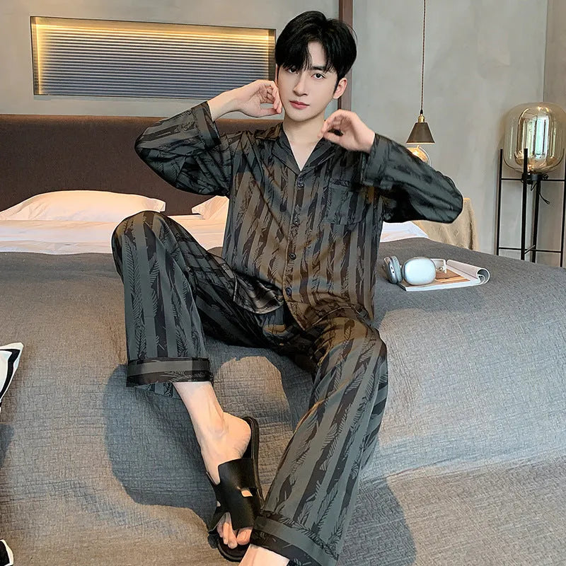 Men's black striped ice silk V-neck pajama set with long sleeves and trousers