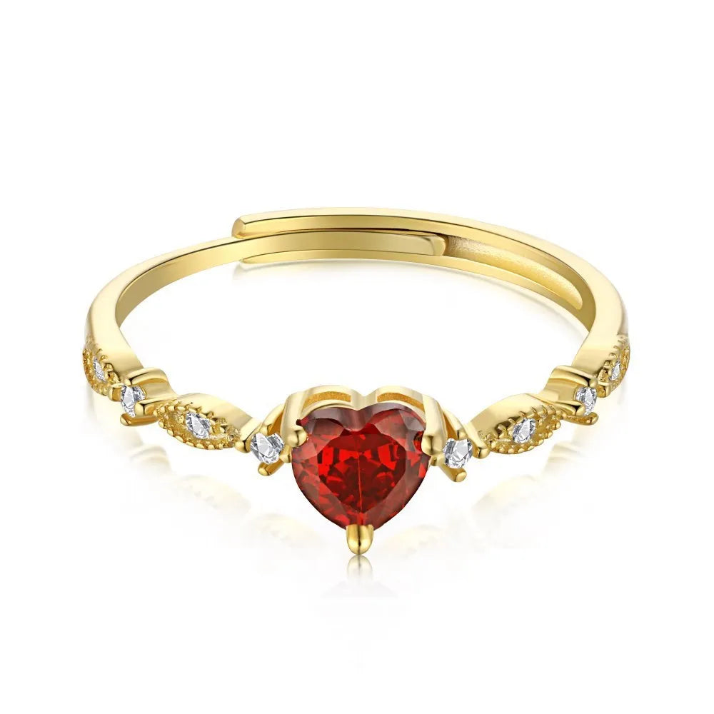 Red zirconium heart-shaped ring in yellow gold electroplated silver with adjustable open band