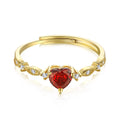 Red zirconium heart-shaped ring in yellow gold electroplated silver with adjustable open band
