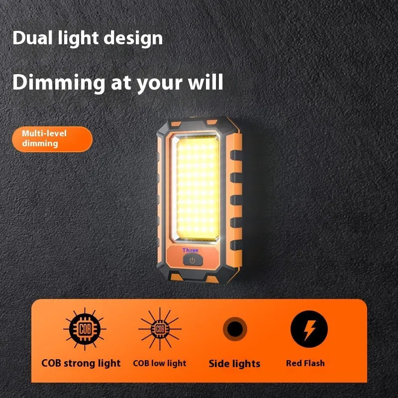 Multifunctional work light with magnetic base, dual COB and headlight modes, compact black unit