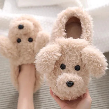 Scrawl Puppy autumn warm closed toe indoor slippers in khaki, plush upper with rubber sole