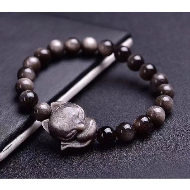Obsidian Fox single ring bracelet with 8mm black stone bead and silver fox charm on adjustable band.