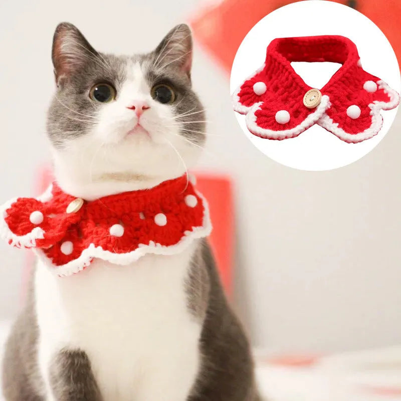 Knitted milk cotton pet collar with cartoon pattern, shown in various sizes for cats, dogs, and rabbits.
