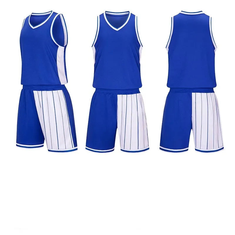 Men's basketball uniform set in quick-dry polyester blend showing top and shorts in one of four available colours.