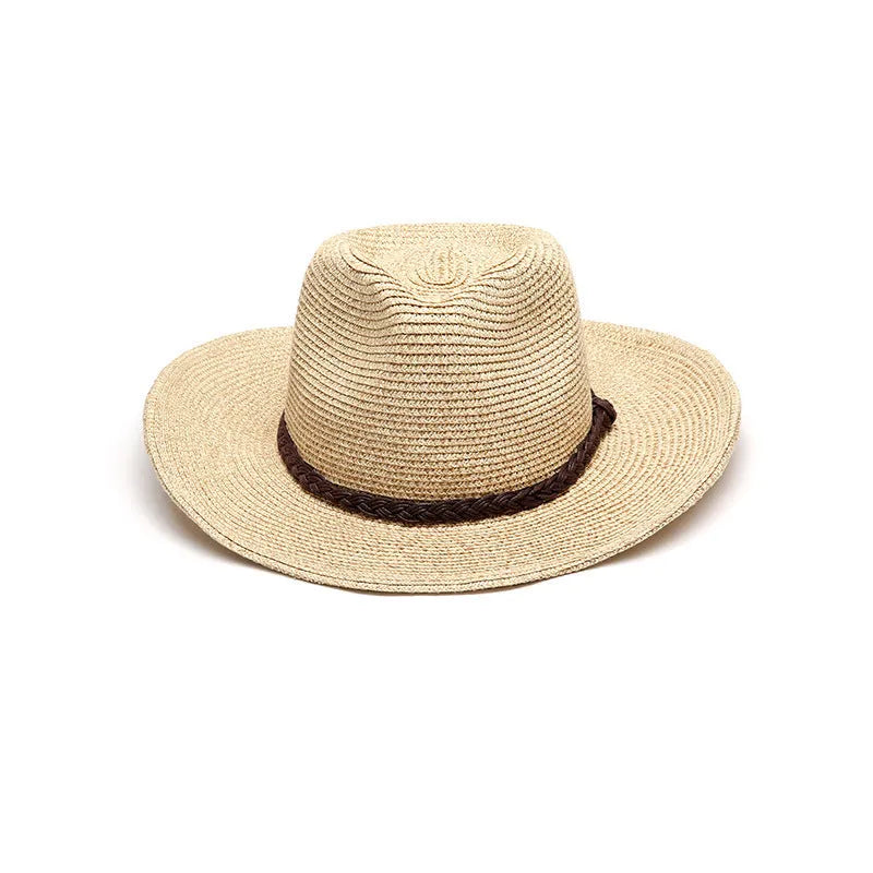 Men's foldable straw sun hat with wide brim in mixed beige colour showing portable design