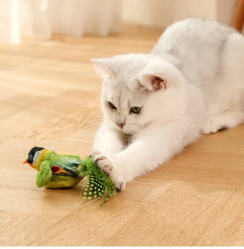 Flappy Chase cat toy with flapping wings and chirping sparrow simulation in Blue, Grey, or Green