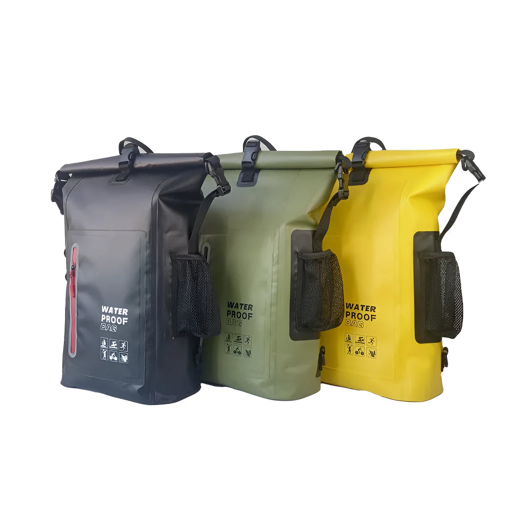 25L PVC waterproof backpack for outdoor sports, shown in black, army green, yellow, orange, and blue