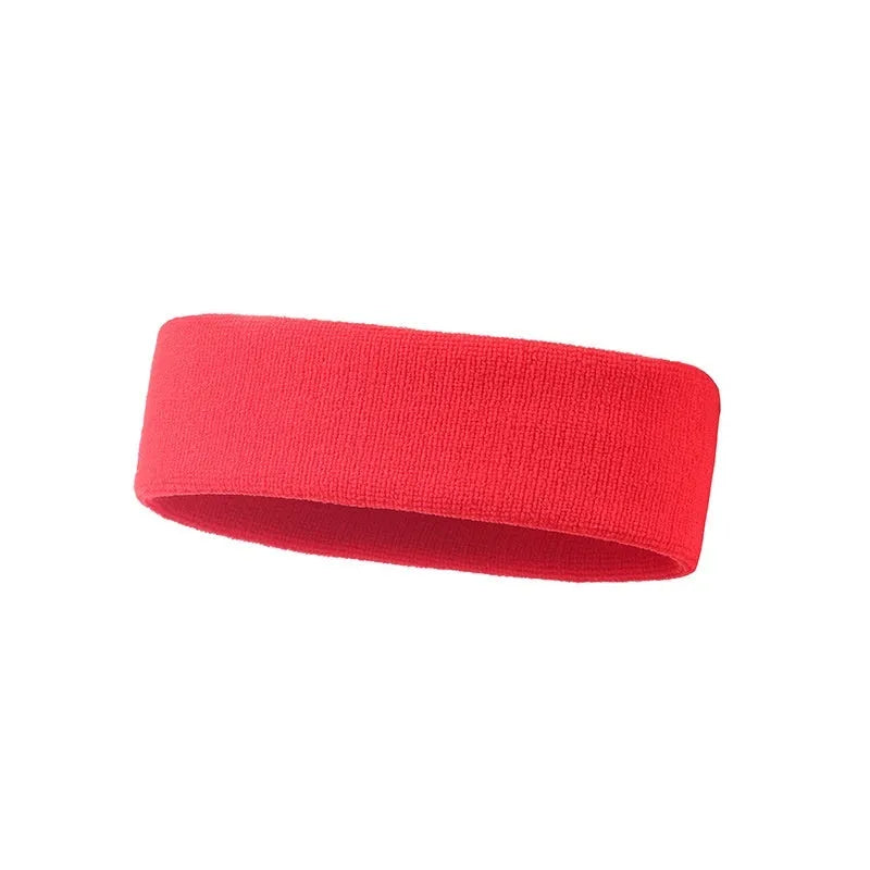 Elastic anti-sweat sports headband in solid colours: black, red, blue, rose red, and sky blue.