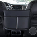 Black leather car seat storage bag with carbon fibre pattern, dimensions 38x24x15cm