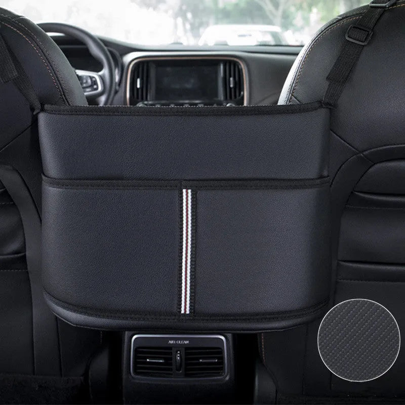 Black leather car seat storage bag with carbon fibre pattern, dimensions 38x24x15cm