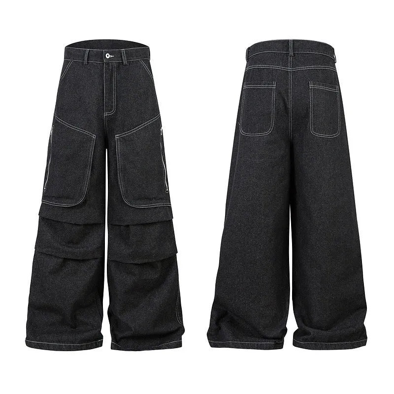 Black pleated work trousers with multiple pockets in cotton denim fabric