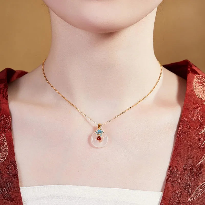 925 silver pendant necklace with cold enamel red agate and white chalcedony stones safety buckle clasp on white background