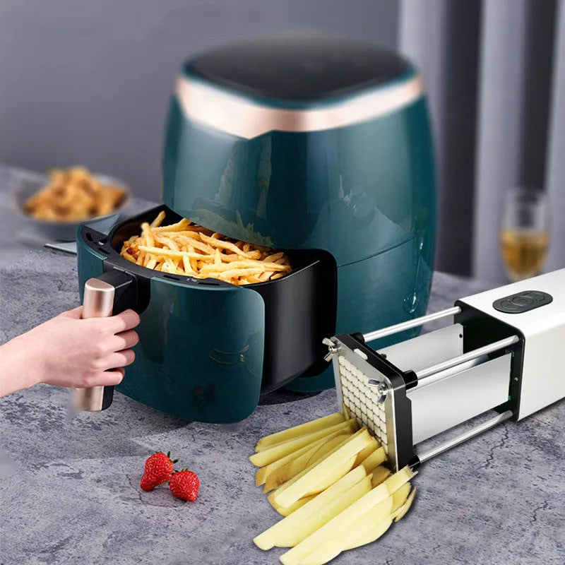 Black electric french fry cutter with stainless steel blades for cutting vegetables into bars