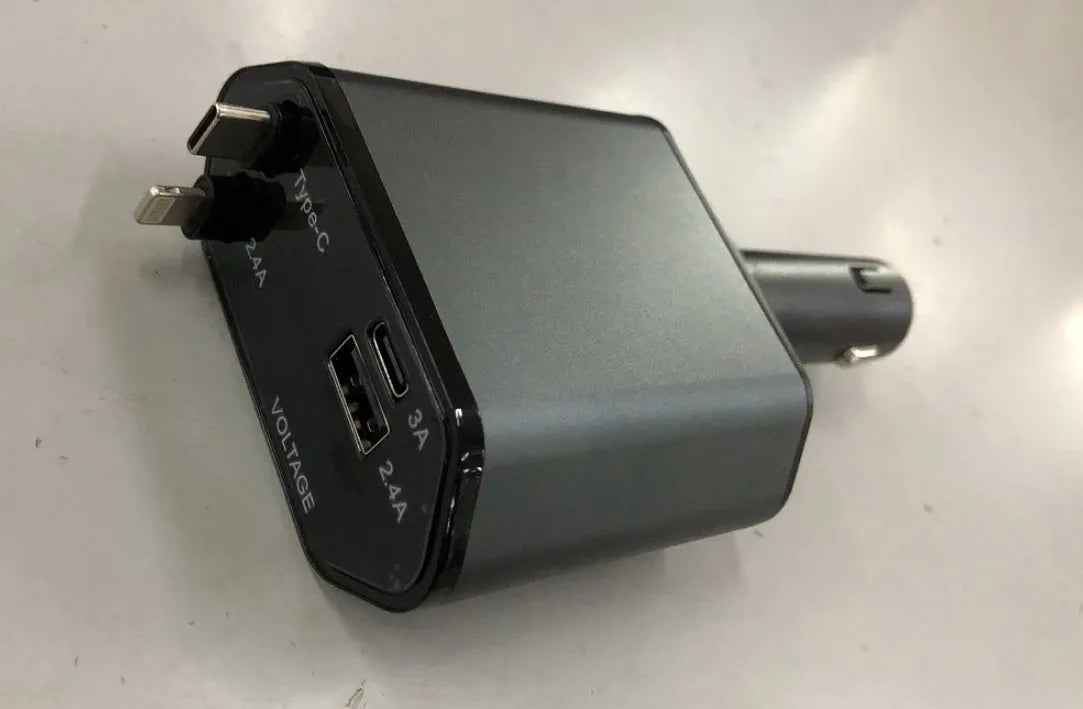 Retractable car cigarette lighter charger with multiple USB ports for charging devices