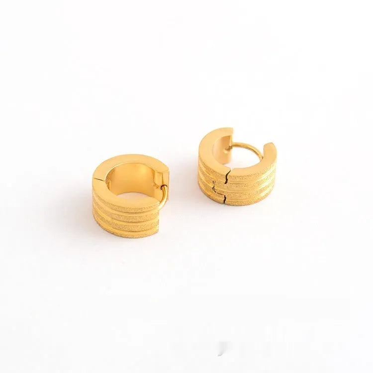 Korean style frosted geometric titanium steel earrings with three-line design in black, gold, and steel colours