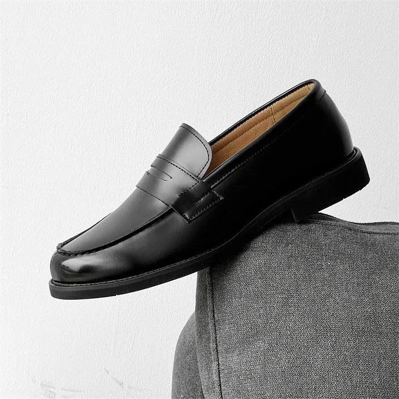 Men's black slip-on Derby leather shoes with a microfibre upper and rubber sole.