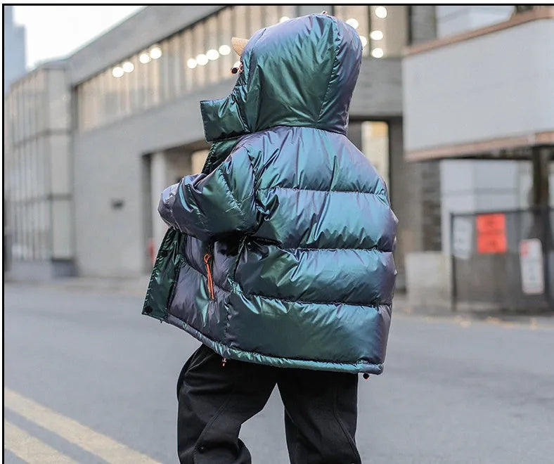 Thick winter white duck down jacket for boys, hooded Korean style, grey-green colour, front zipper closure