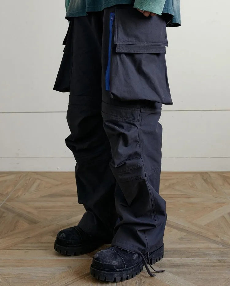 Multi-pocket contrast zip casual baggy pants in dark grey cotton with loose fit and mid waist
