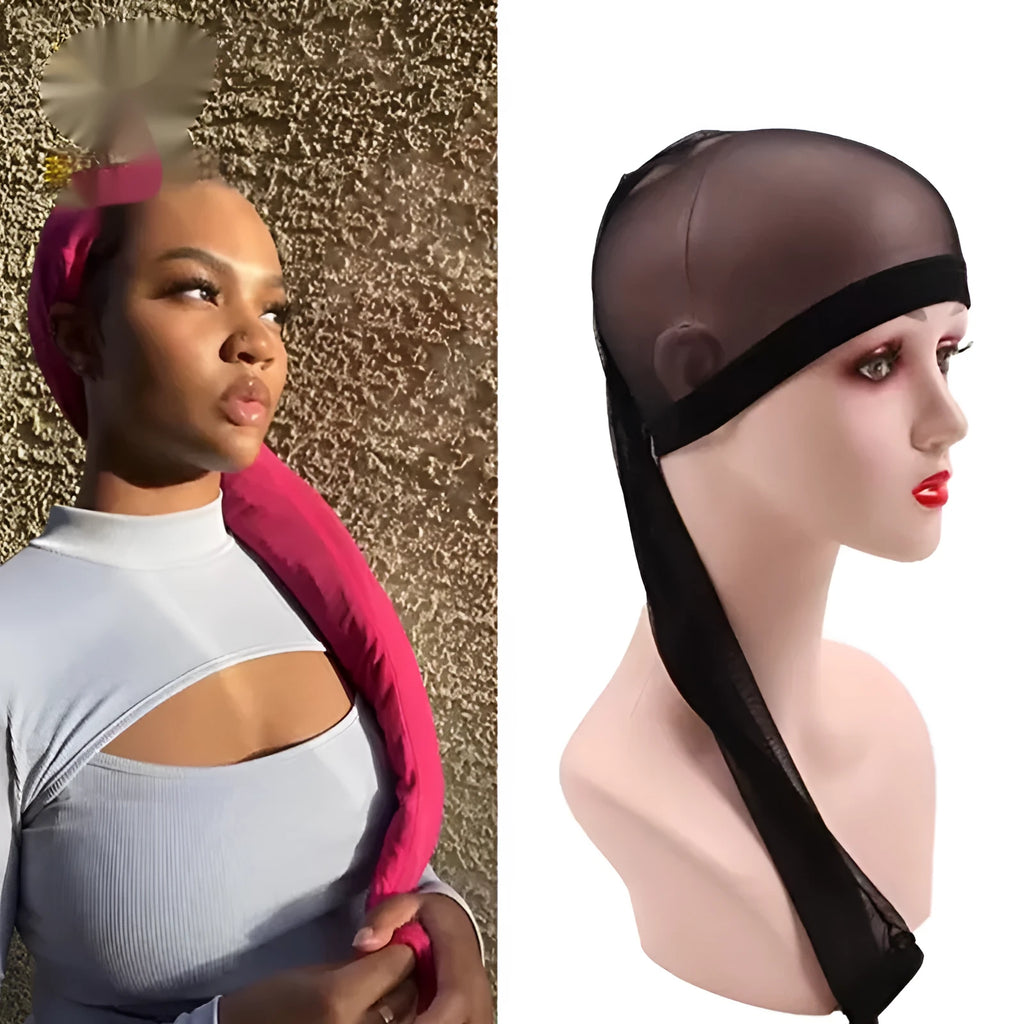 Breathable spandex mesh wig cap in multiple colours including black, pink, and leopard print
