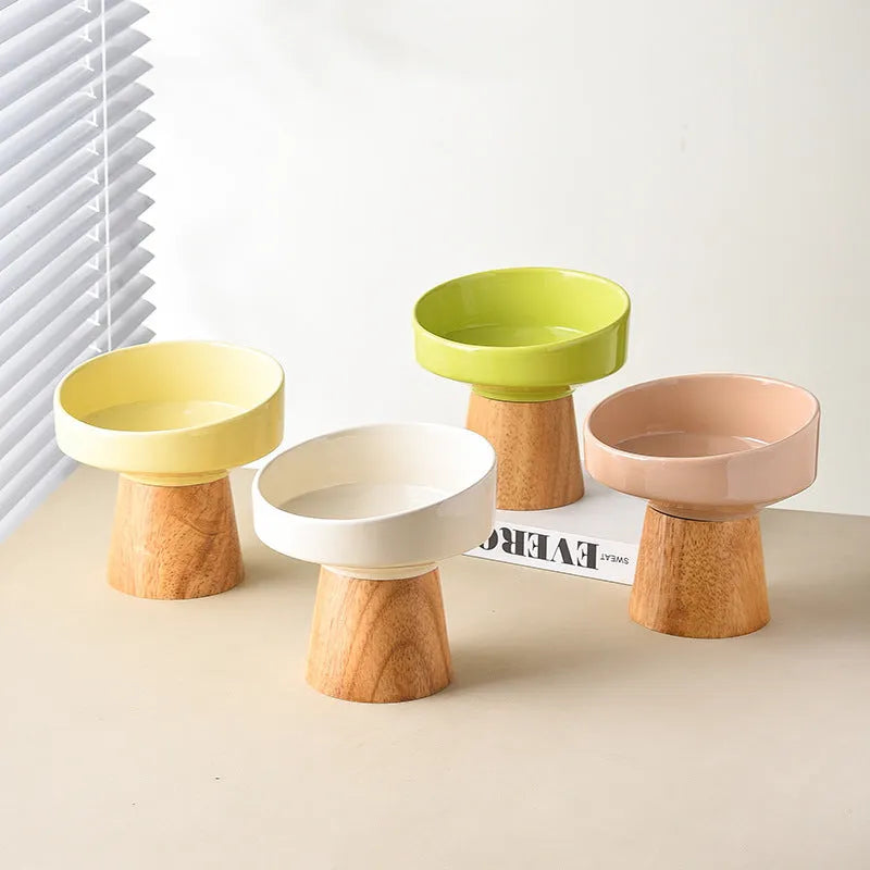 Ceramic pet bowl for cats and small dogs in beige, green, khaki, or yellow, elevated design