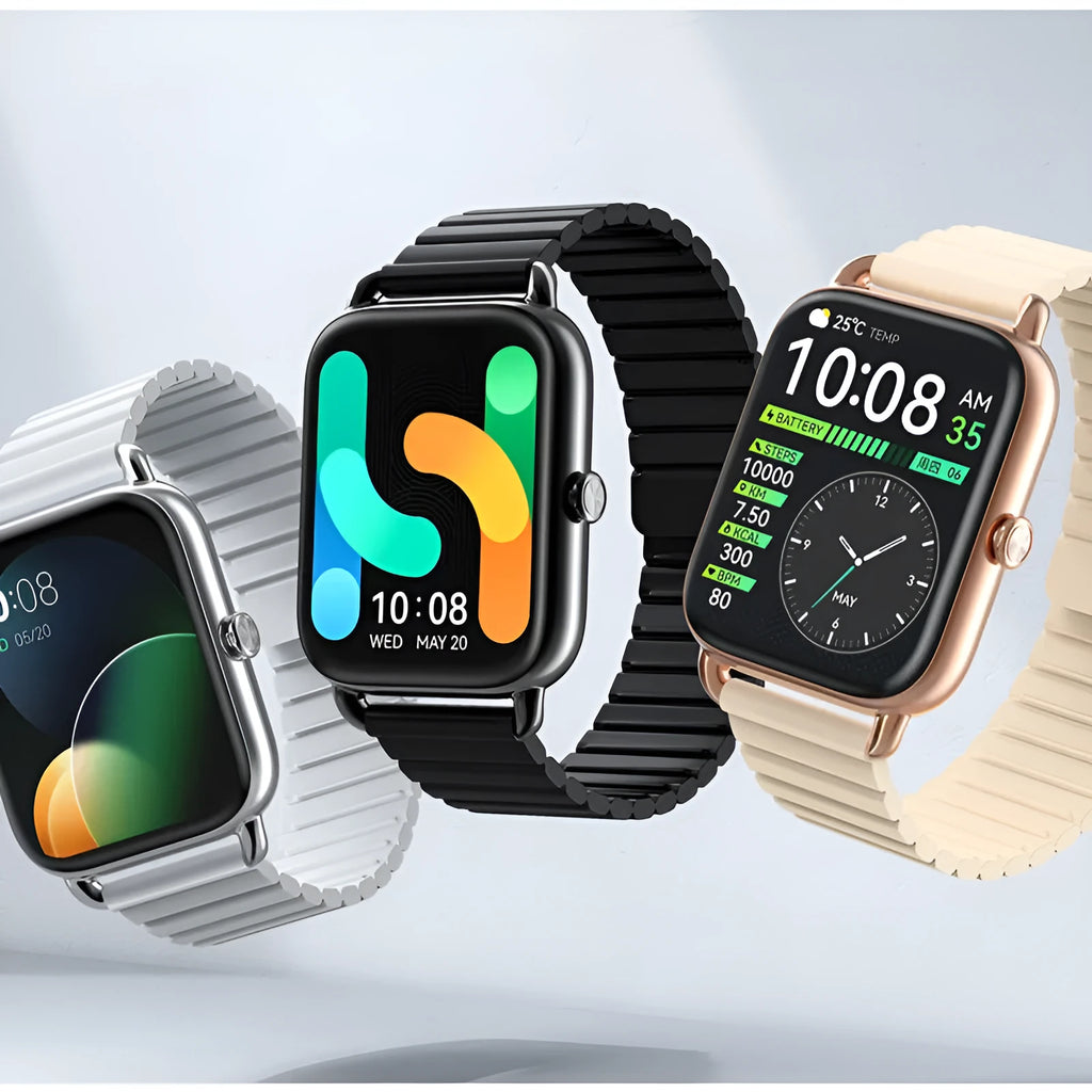 S4PLUS LS11 smart sports watch with AMOLED screen shown in black, champagne, or silver on a wrist.