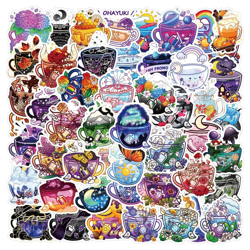 Pack of 50 colourful tea cup graffiti waterproof stickers for DIY luggage and scooter customisation.