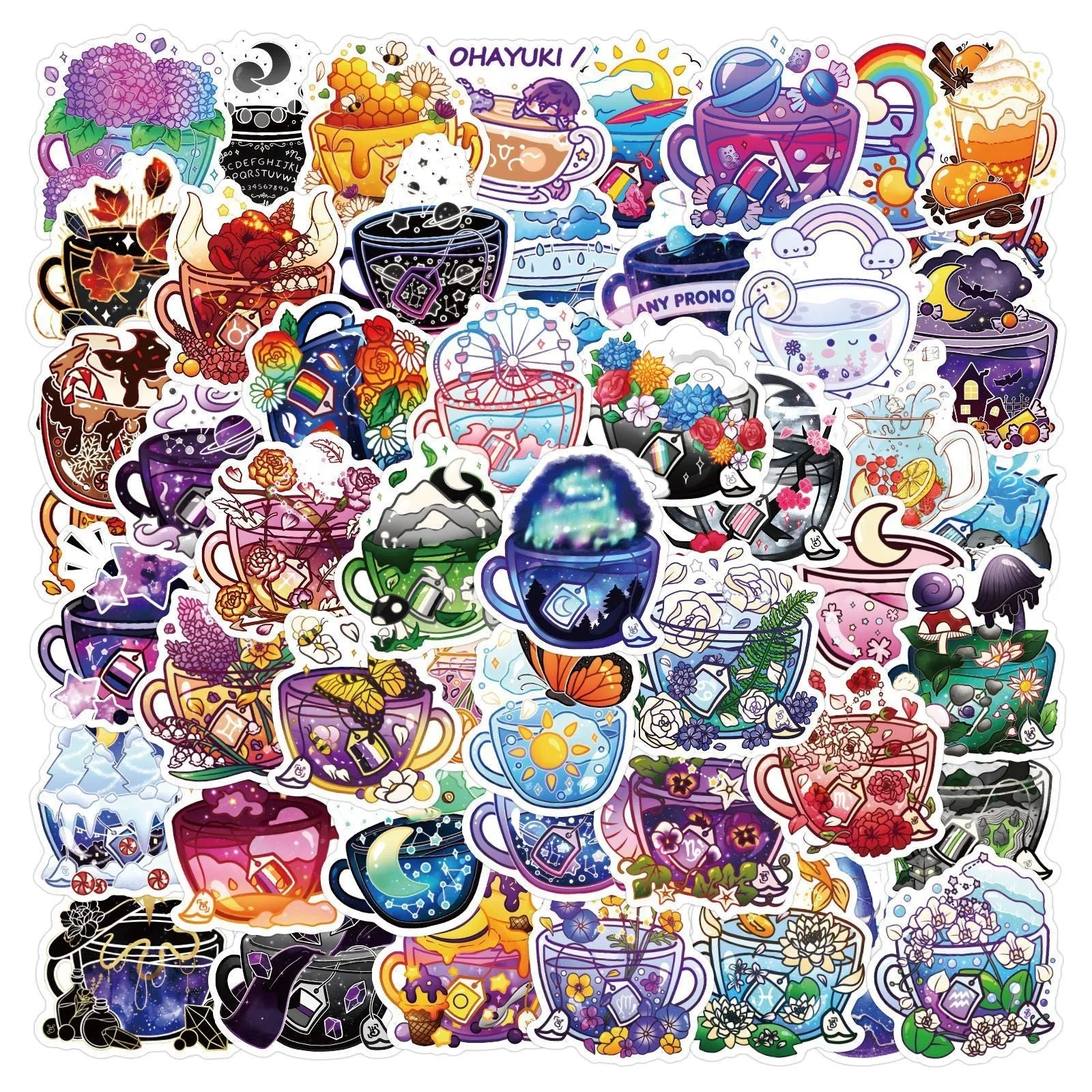 Pack of 50 colourful tea cup graffiti waterproof stickers for DIY luggage and scooter customisation.