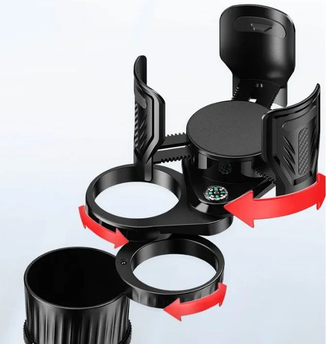 Carbon fibre black adjustable car drink holder with retractable base showing size range.