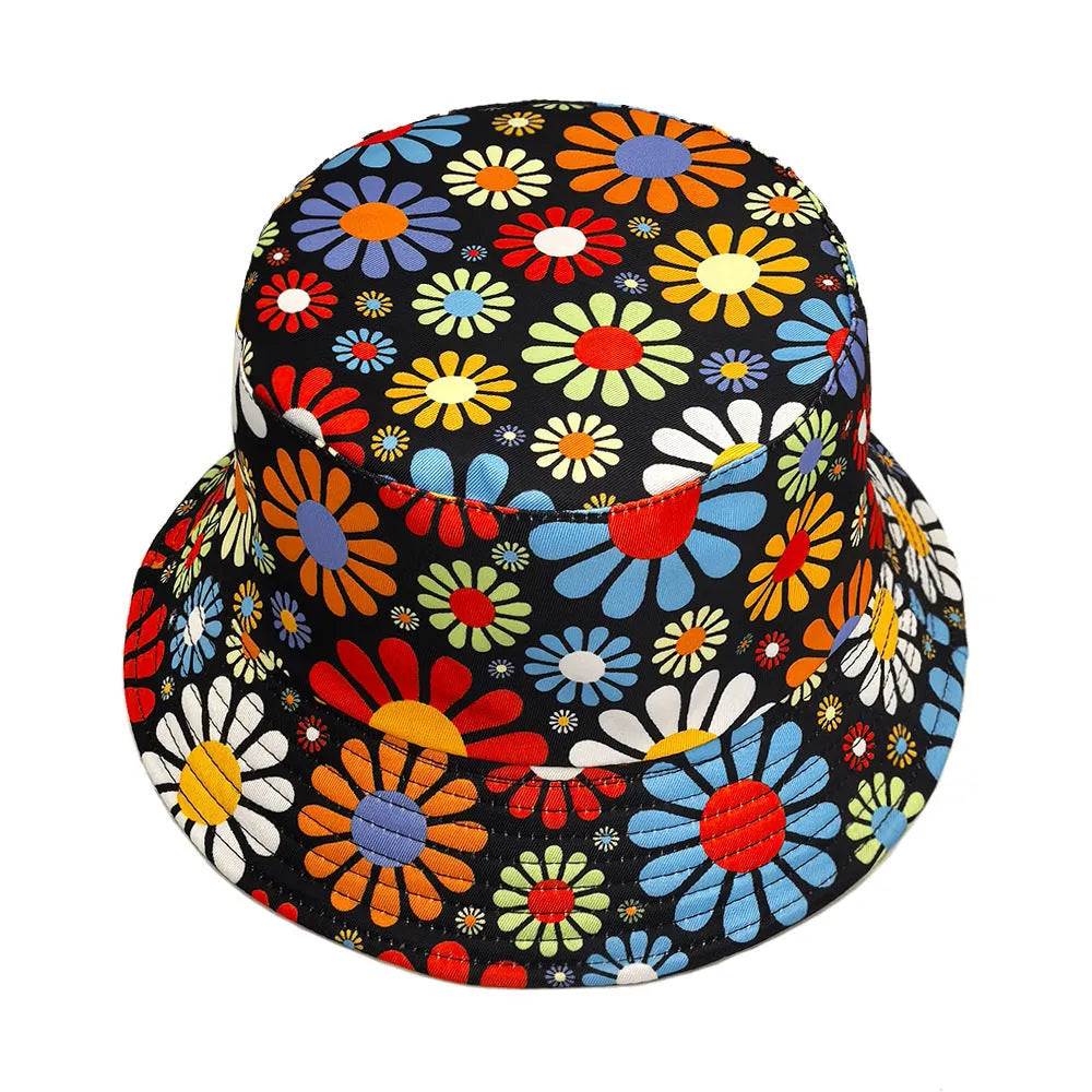 Colourful flower print polyester bucket hat with a dome crown, shown in size M.