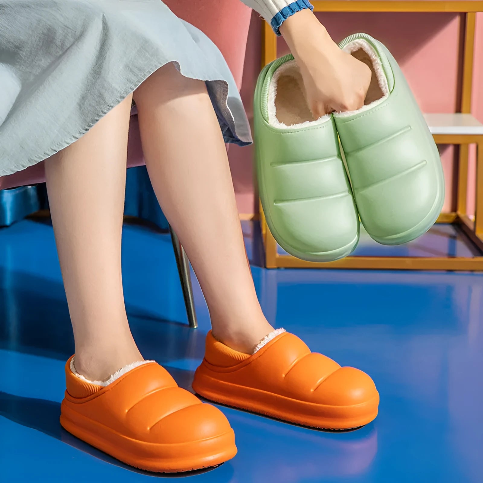 Women's winter slippers in green with plush lining and textured EVA sole, shown as sleeve-style overshoes.
