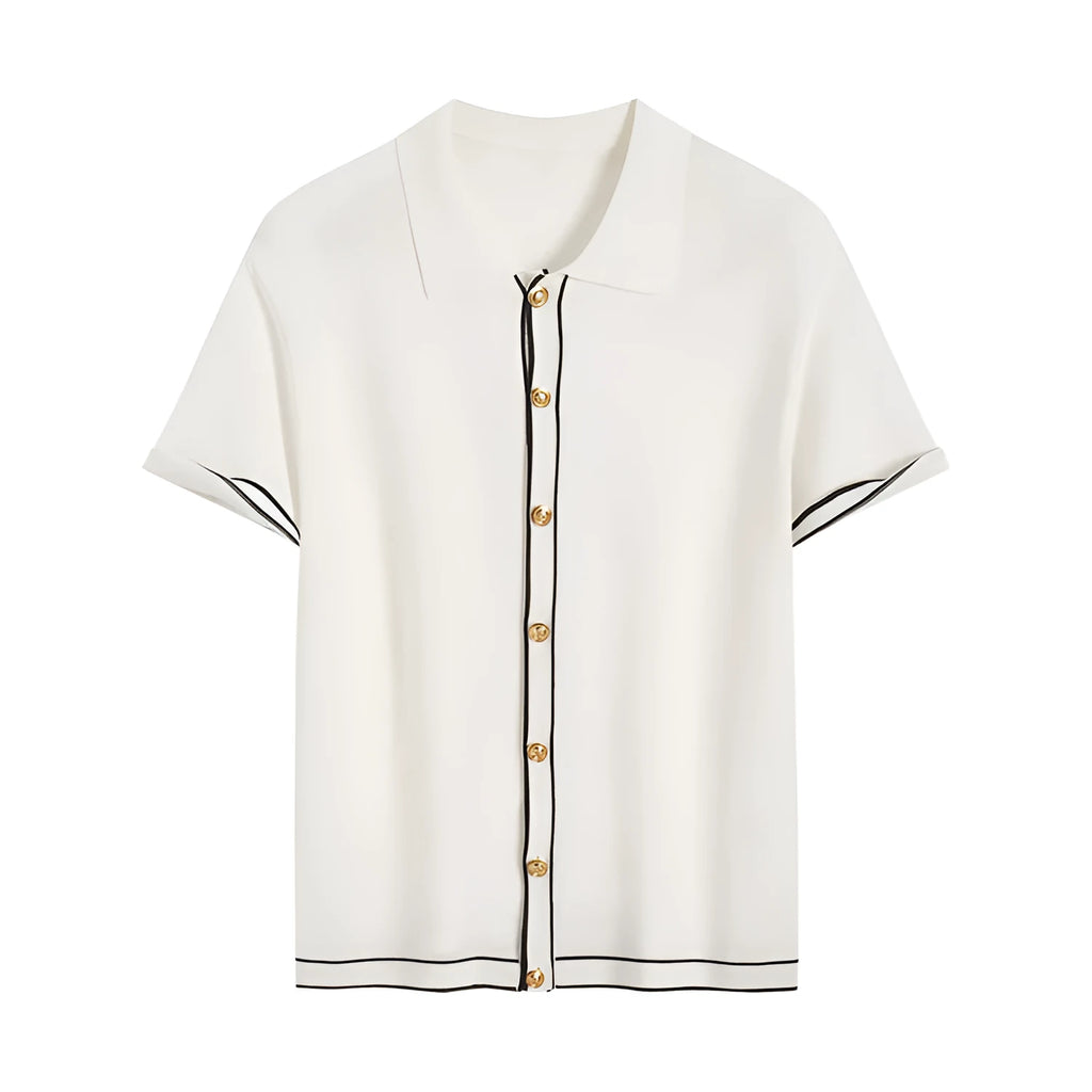 White short-sleeve cardigan with dark contrast colour lapels, buttoned front, and a relaxed fit.