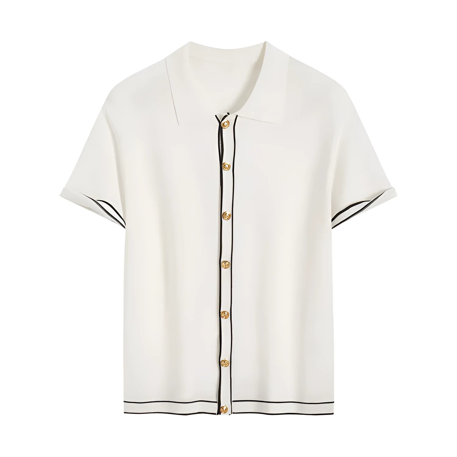White short-sleeve cardigan with dark contrast colour lapels, buttoned front, and a relaxed fit.