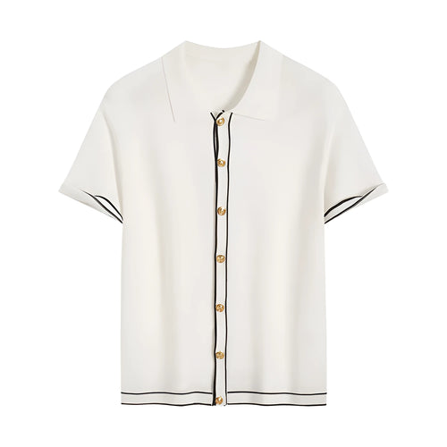 White short-sleeve cardigan with dark contrast colour lapels, buttoned front, and a relaxed fit.