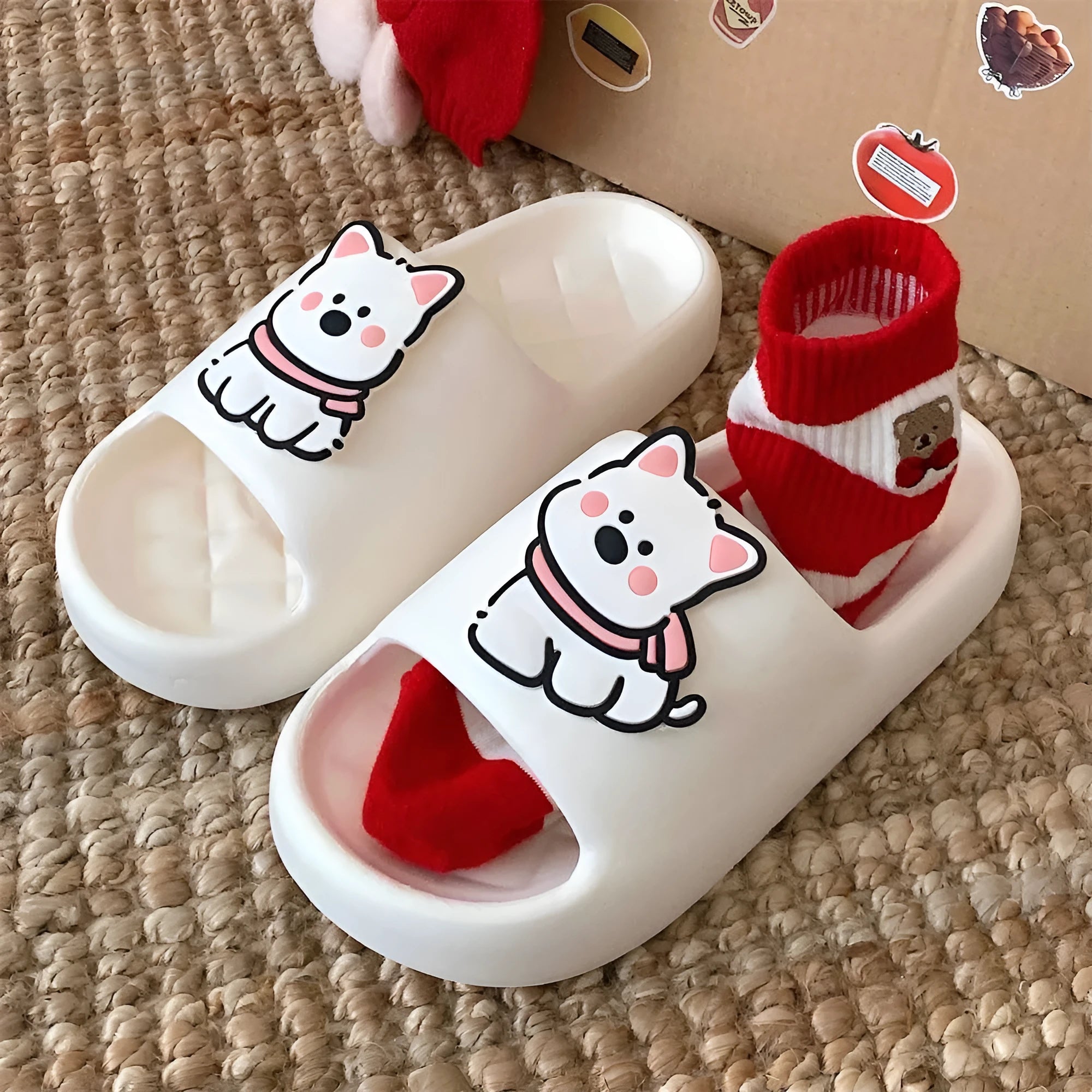 Pair of PVC flip flop slippers with a creative rhombus pattern, shown in one of four colour options.