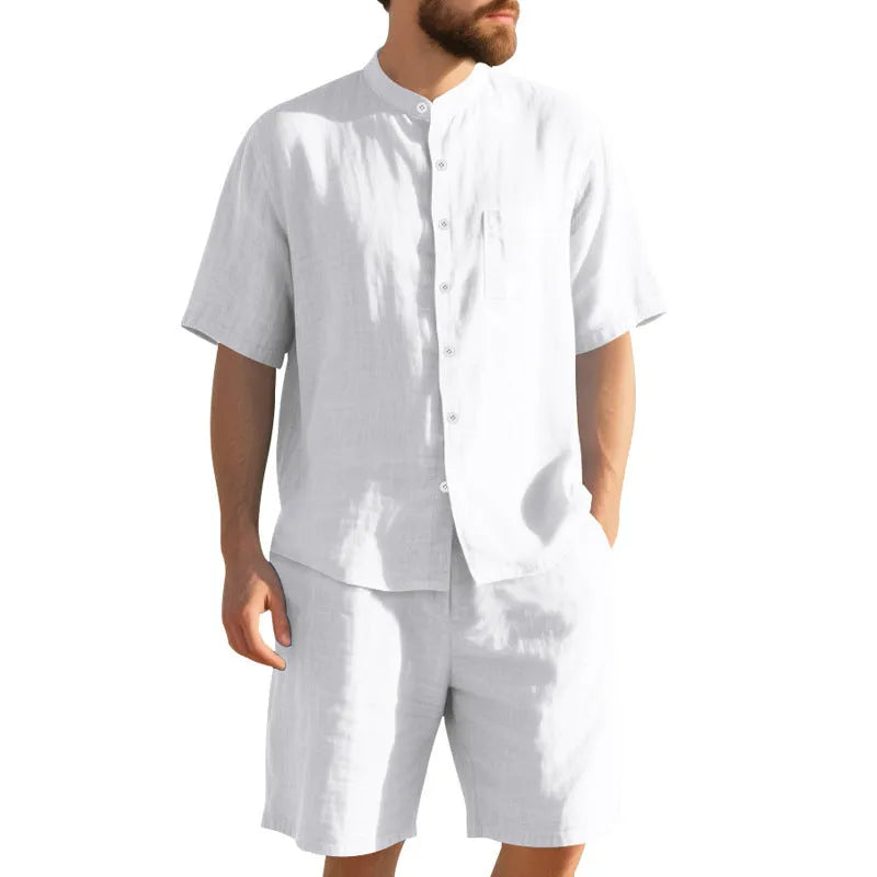 Men's linen blend summer suit with Henry collar shirt and matching shorts in multiple colour options