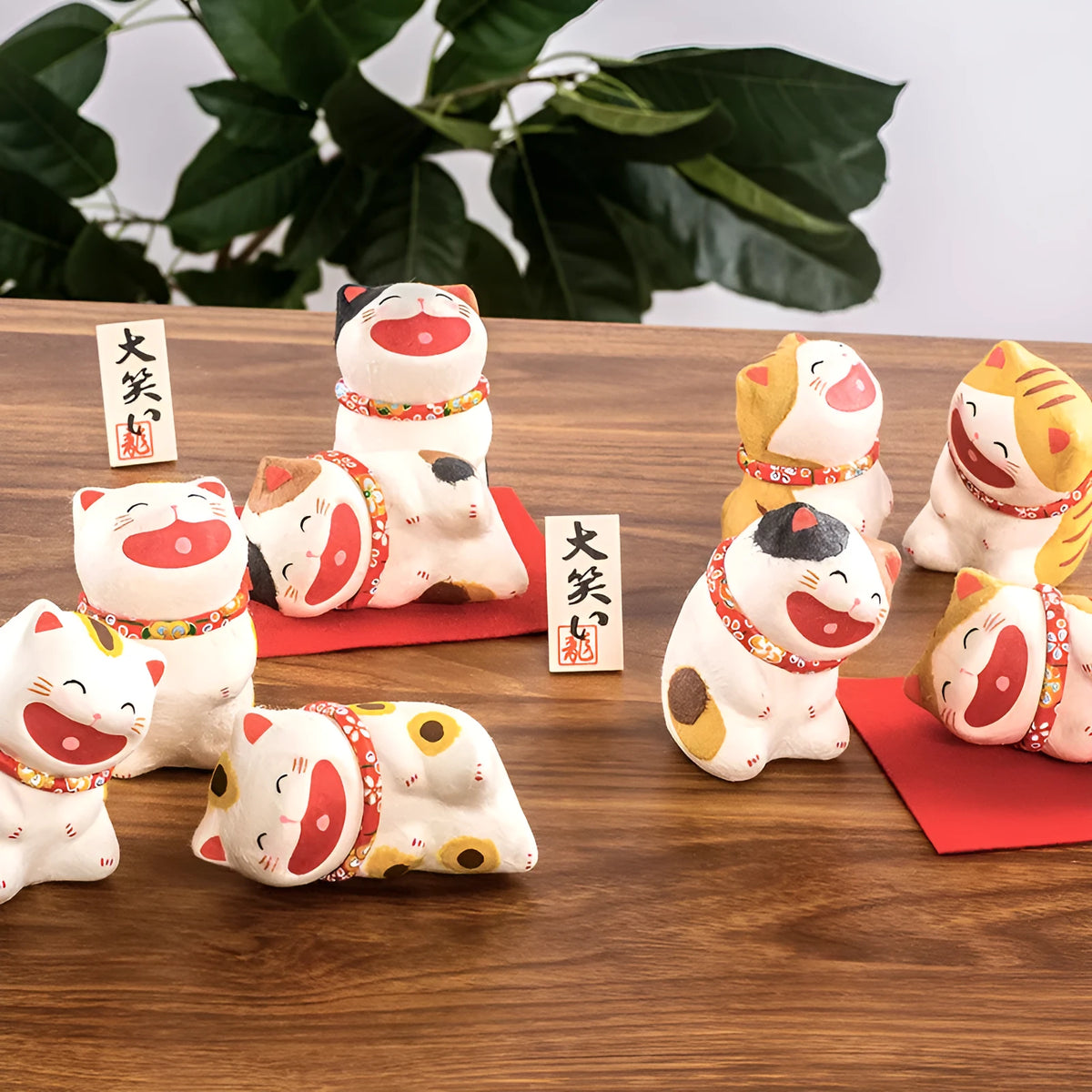 Handmade Japanese paper lucky cat figurine in Sanmao, tiger skin, or spotted cat style for car desk or home decoration