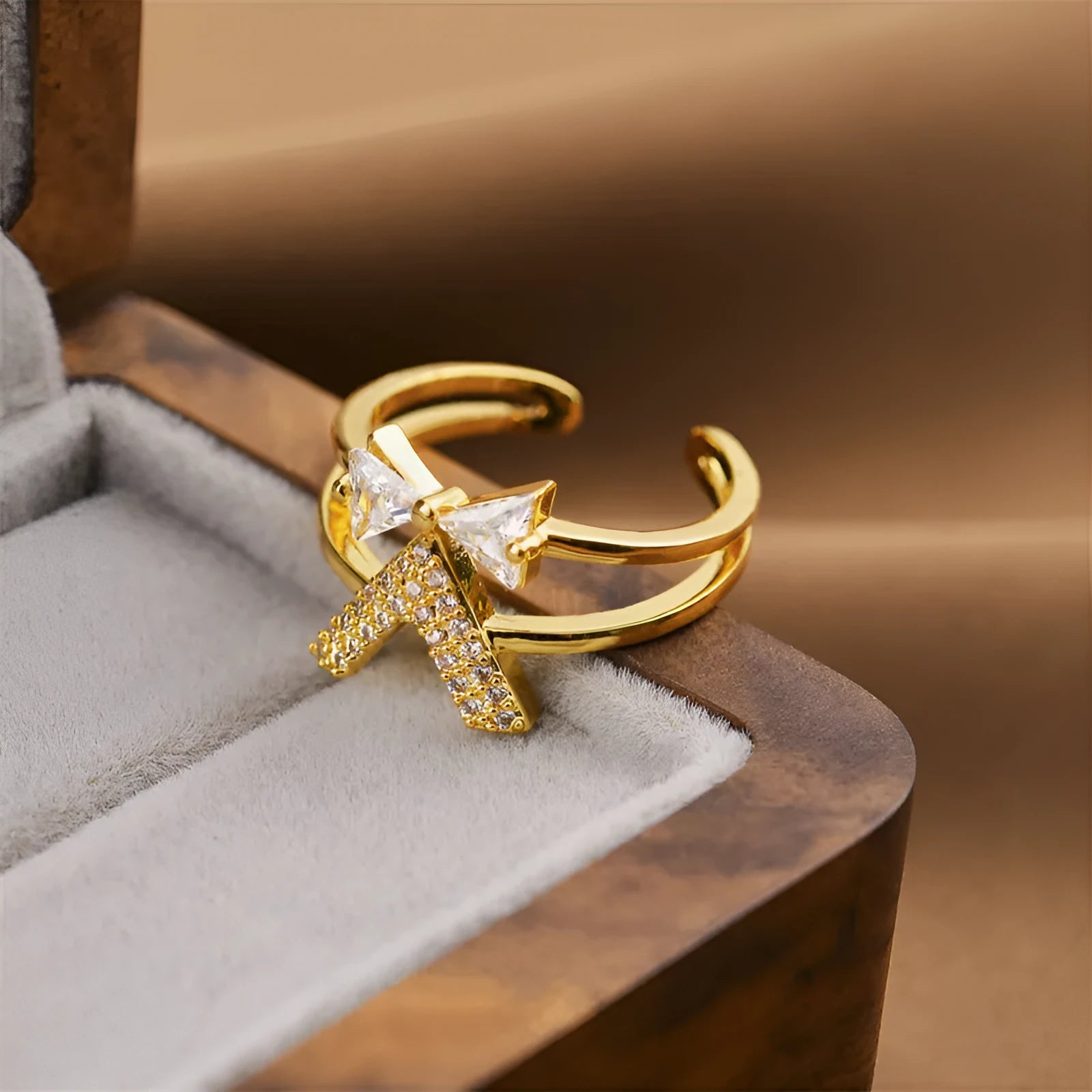 Gold electroplated open ring with geometric design, Korean fashion women's jewellery